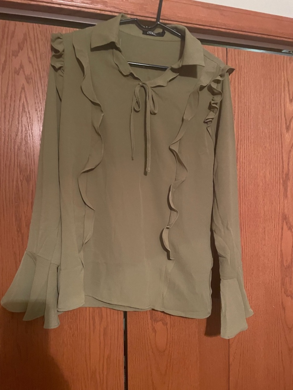 Olive Ruffle Tie-Neck Blouse—NWOT